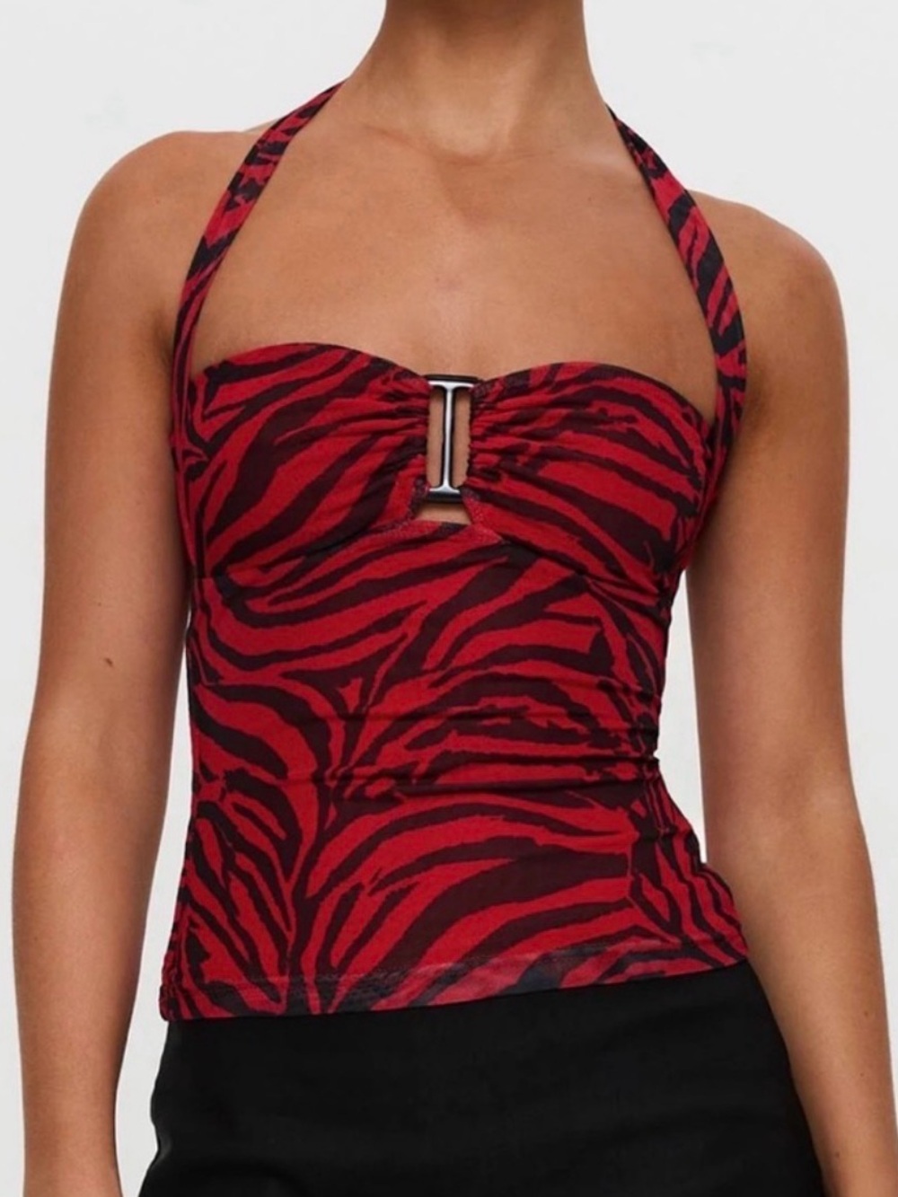 PRINCESS POLLY Obsession Cielo Mesh Halter Top Red Zebra